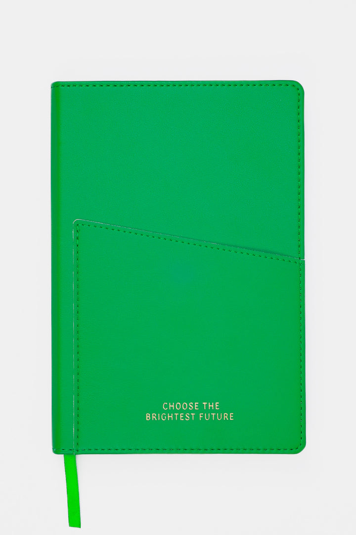green A5 hardcover notebook with PU leather cover and angled front pocket
