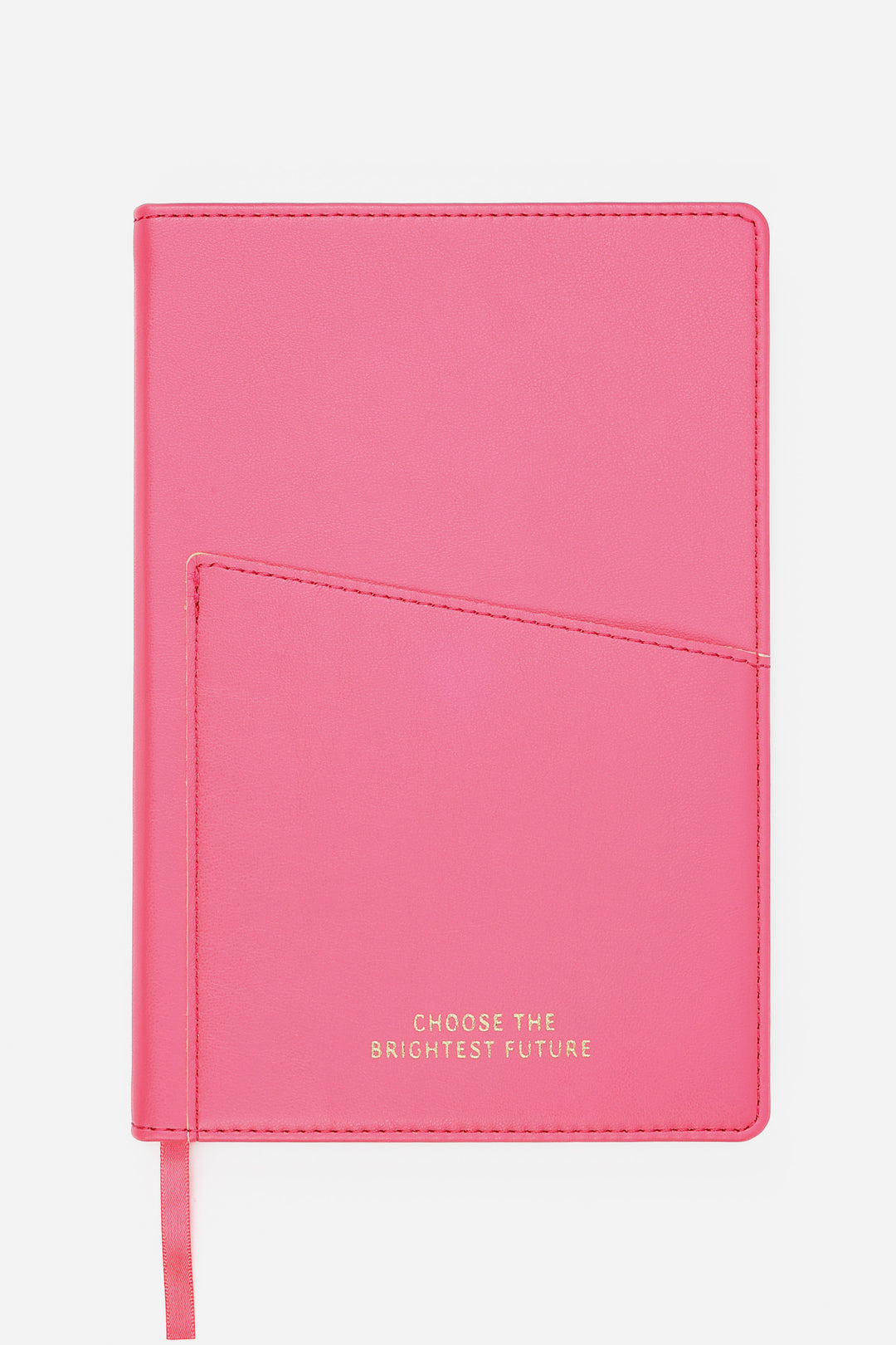 pink A5 hardcover notebook with PU leather cover and angled front pocket

