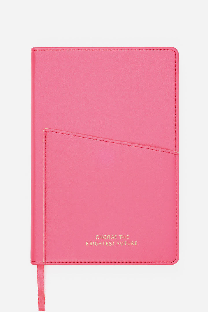 pink A5 hardcover notebook with PU leather cover and angled front pocket
