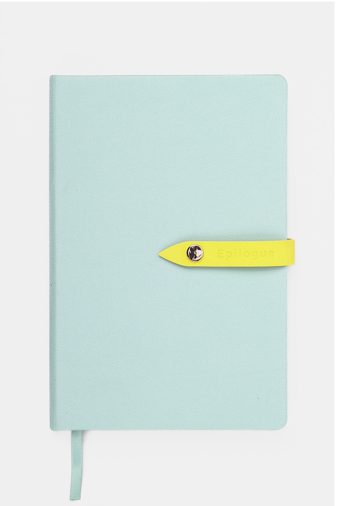mint coloured journal with a yellow strap and metal push button