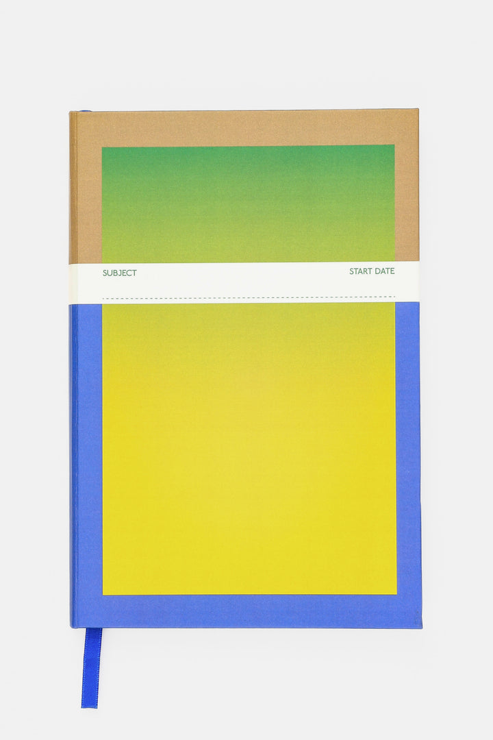a5 notebook with blue to yellow gradient cover and blue satin page marker
