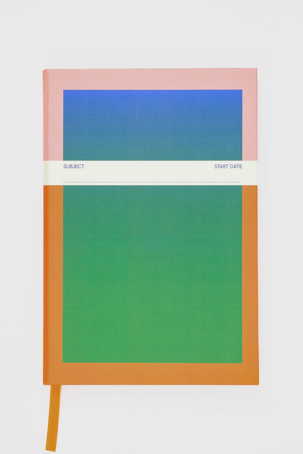 front view of A5 hardcover notebook with orange border and blue-to-green gradient cover with subject label and orange satin marker
