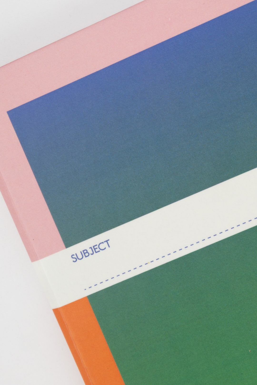 close-up of gradient cover showing pink and blue border and subject label
