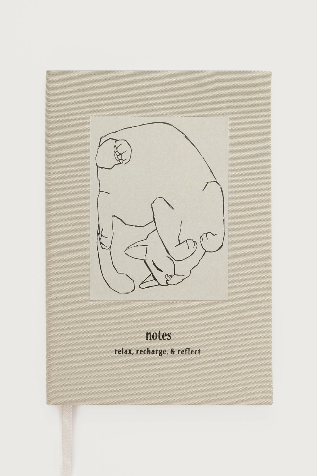 Grey relax recharge and reflect notebook with a cat illustration 
