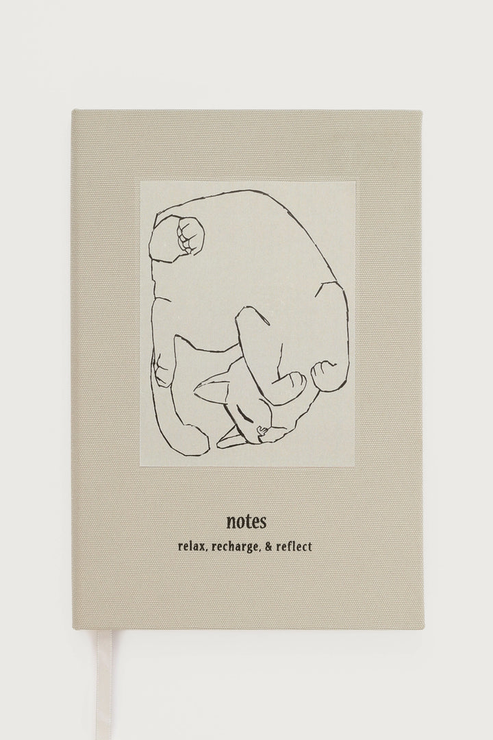 Grey relax recharge and reflect notebook with a cat illustration 