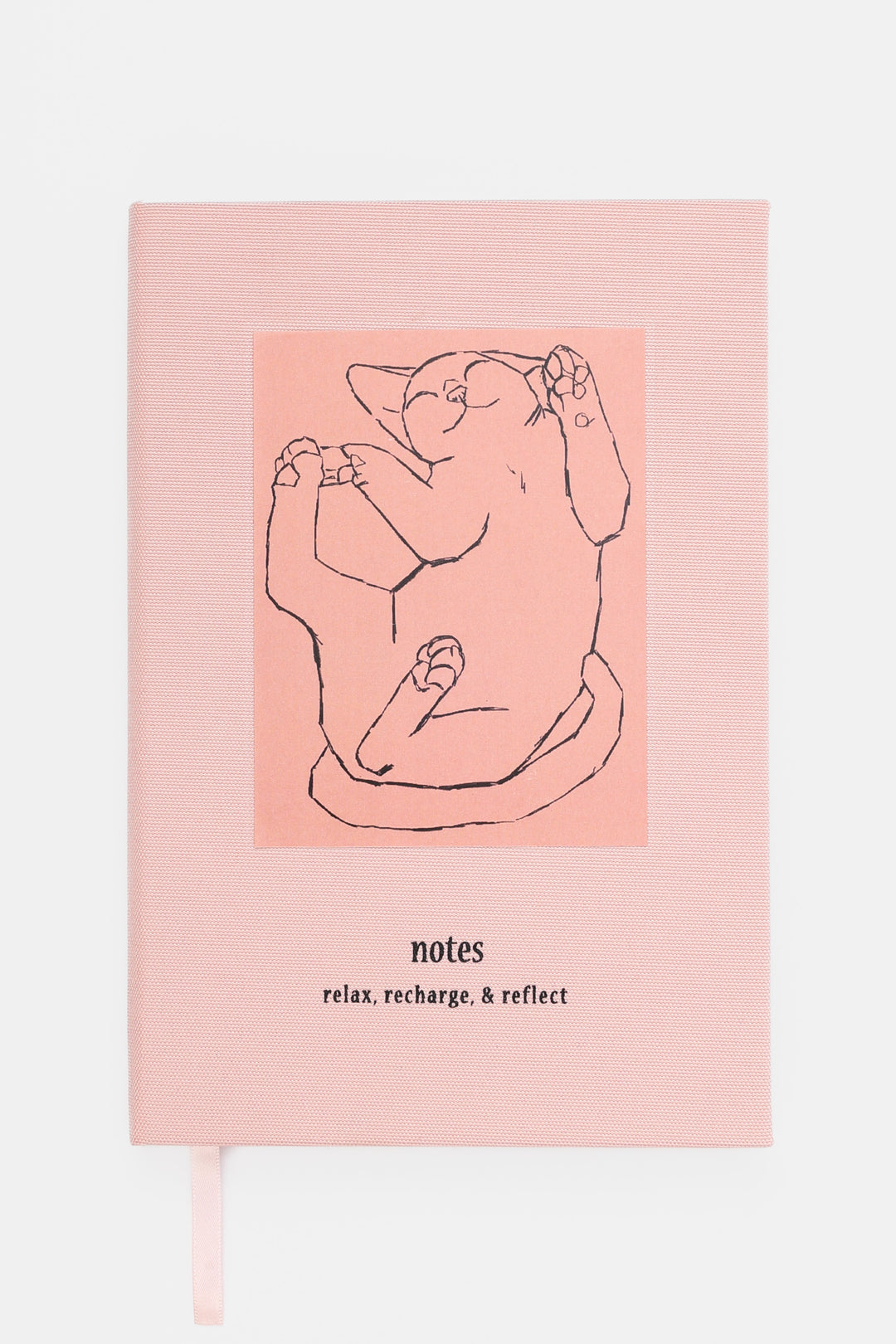 Pink relax recharge and reflect notebook with a cat illustration 