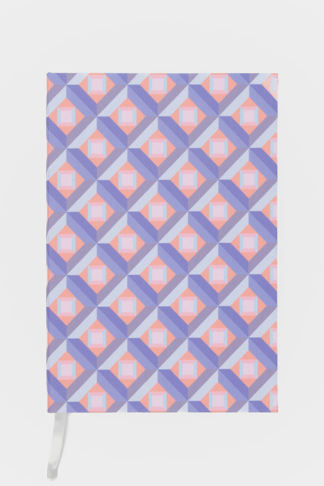 A5 hardcover notebook with optical print shown flat with ribbon marker visible
