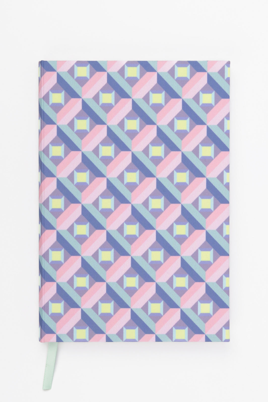 A5 hardcover notebook with optical print shown flat with ribbon marker visible
