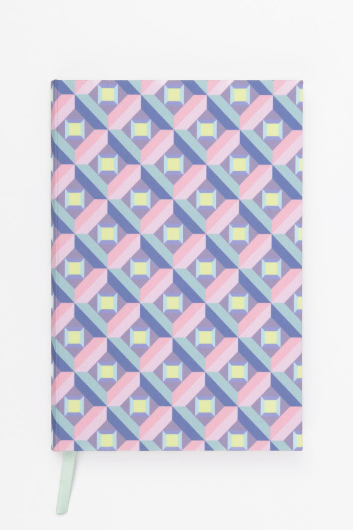 A5 hardcover notebook with optical print shown flat with ribbon marker visible
