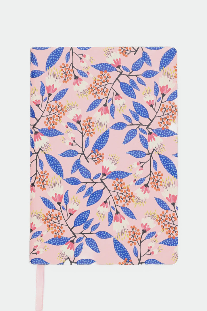 front view of the pink floral notebook with the ribbon marker visible at the bottom
