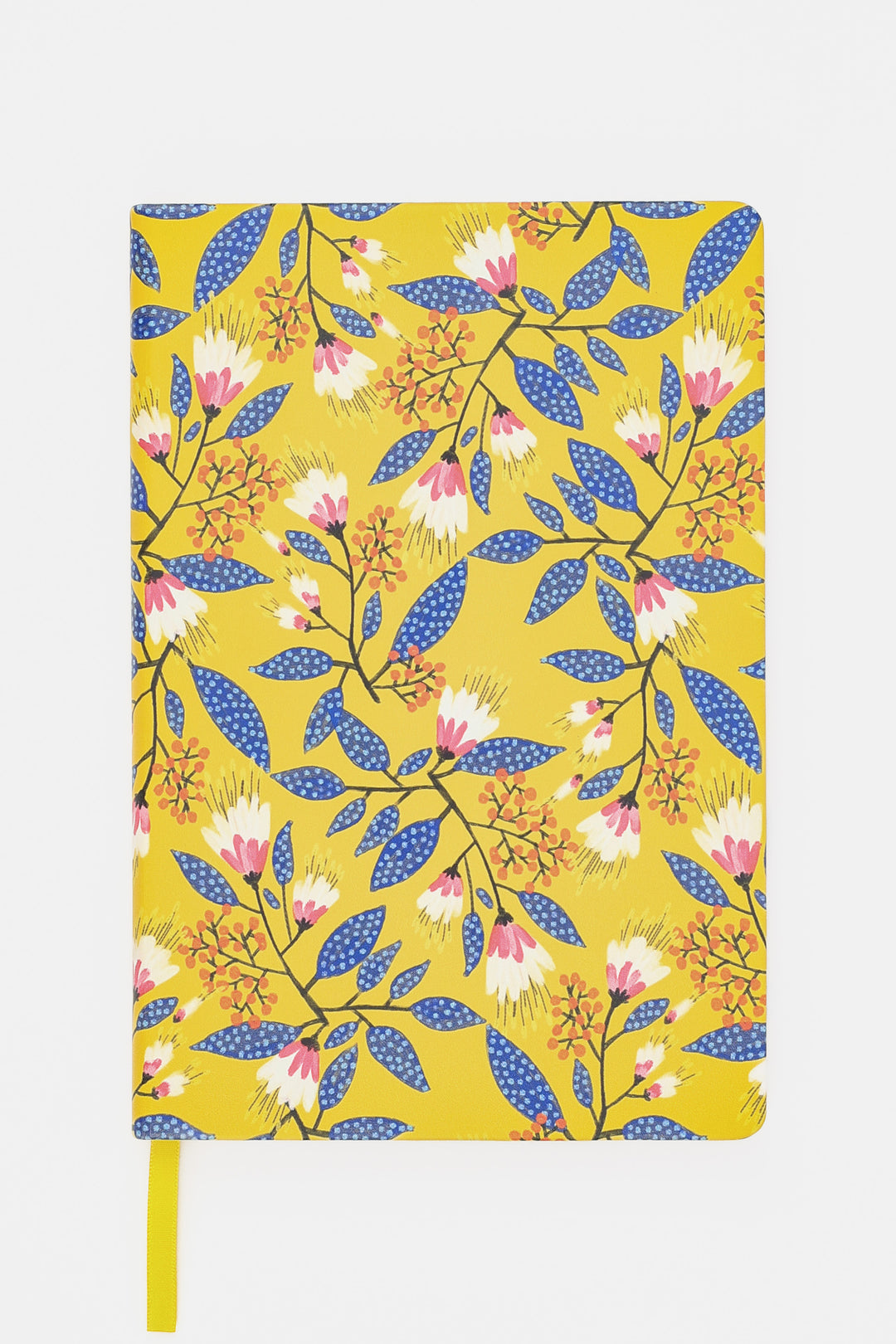 front view of the yellow floral notebook with the ribbon marker visible at the bottom
