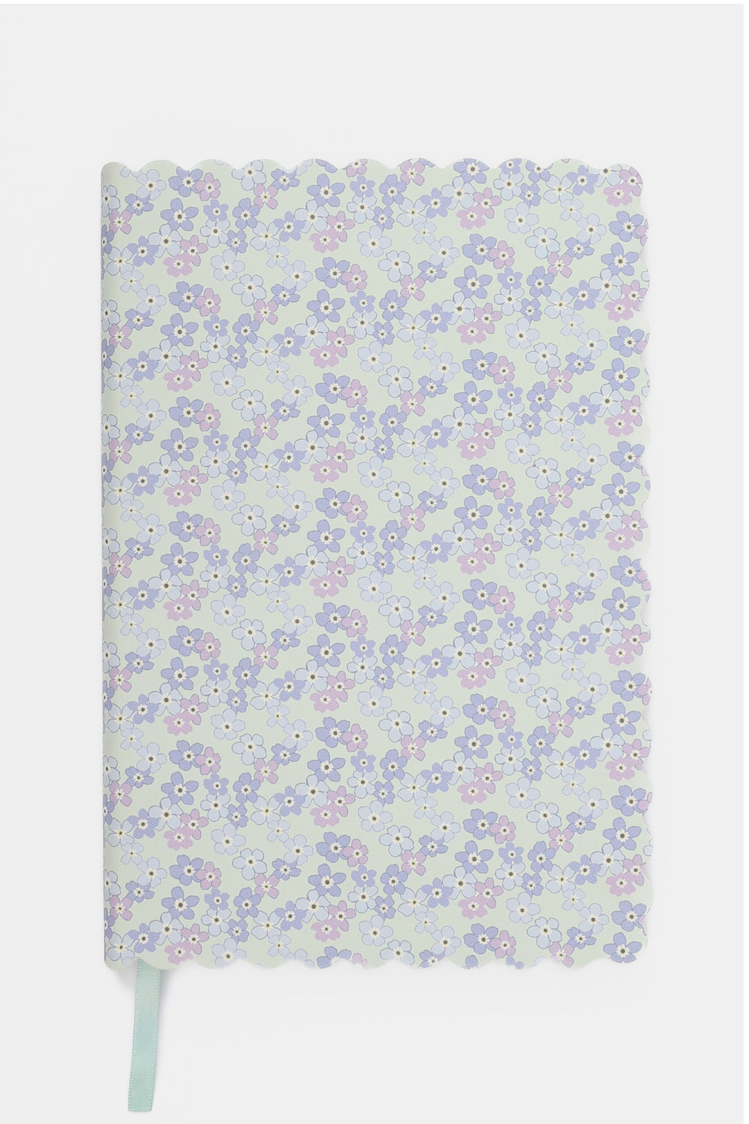 front view of a scalloped-edge notebook with an all-over small flower pattern in pastel colours