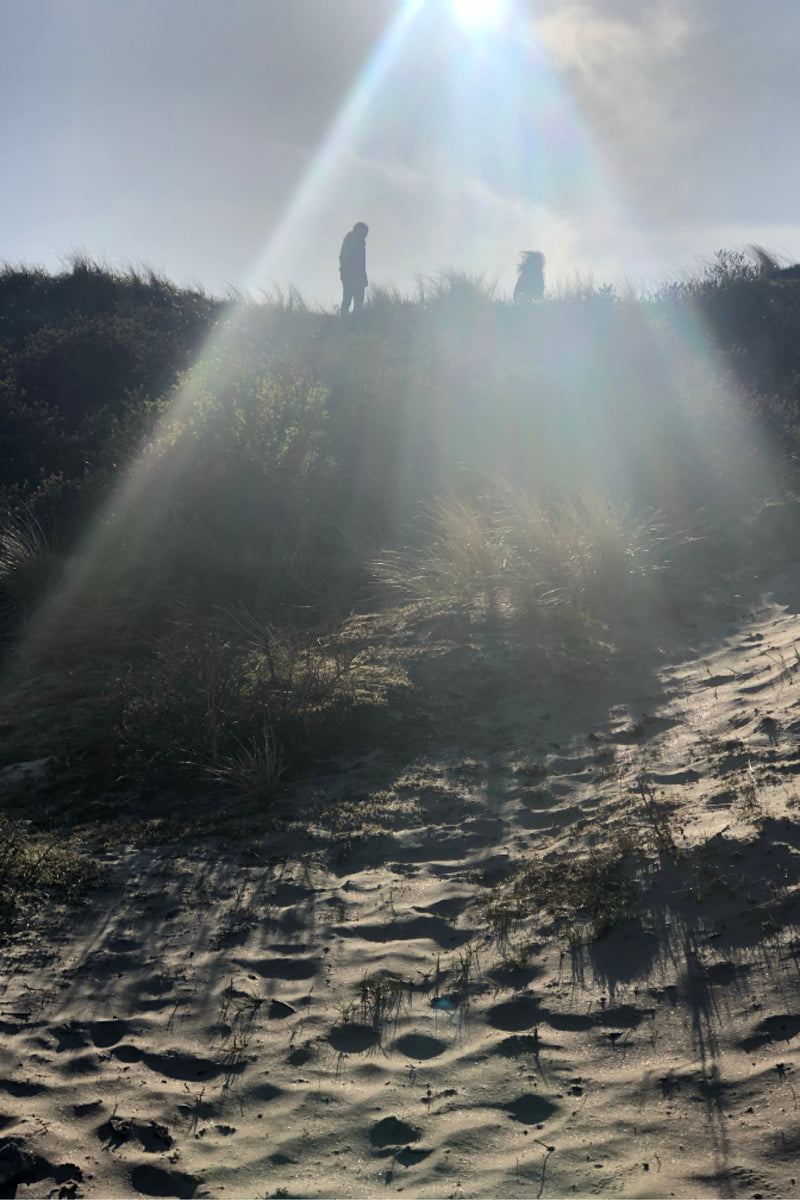 Sunlit beach dunes with silhouetted figures standing atop the ridge, bright sun flare overhead, and sandy foreground.