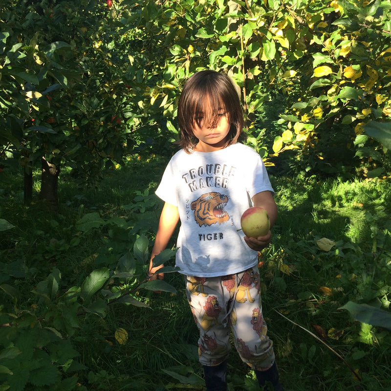 A young child standing in a sunlit garden or orchard, holding a green apple. The child is wearing a white graphic T-shirt with a tiger print and patterned pants.