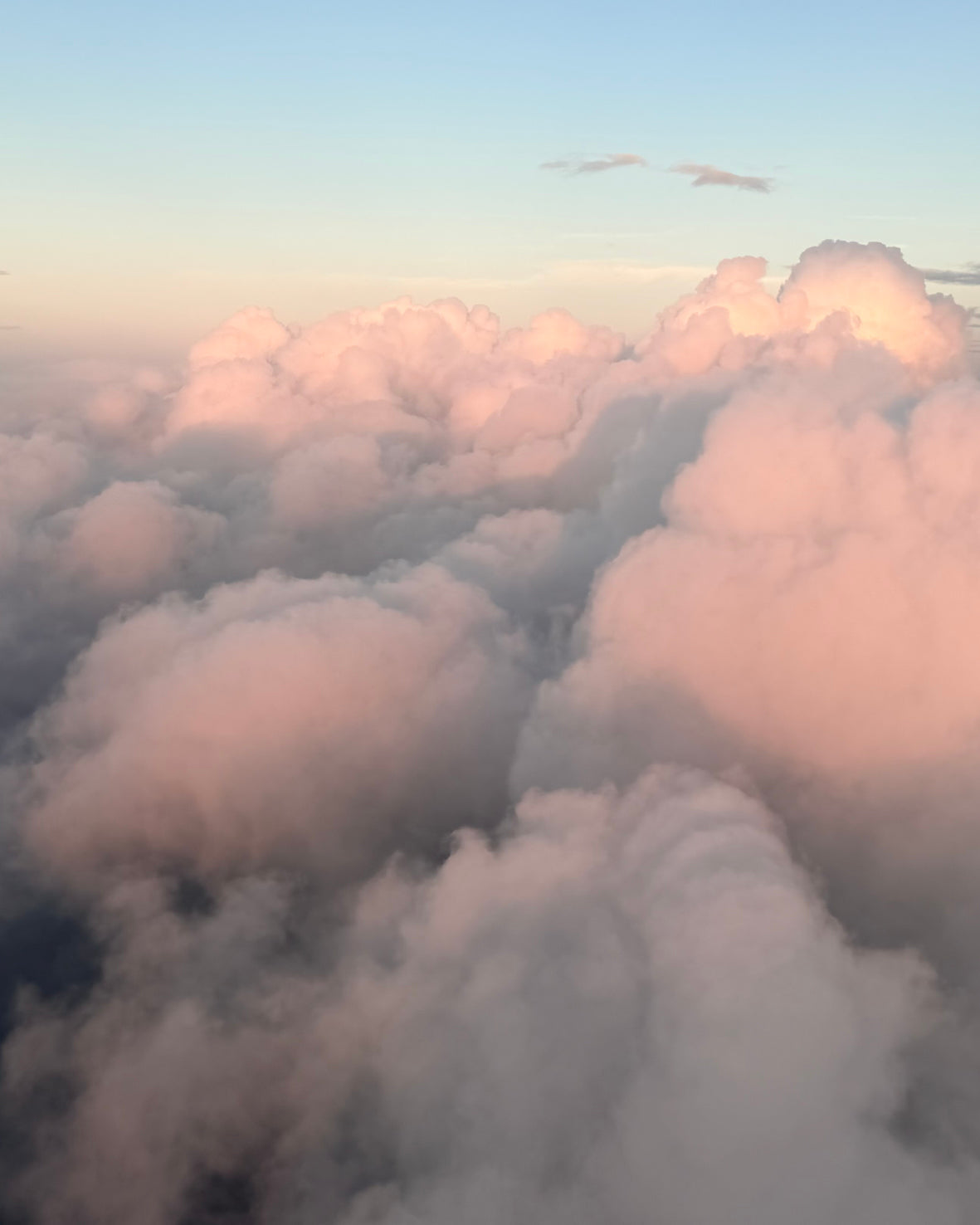 Aerial view of soft pink and white clouds below the horizon, with a pale blue sky above.