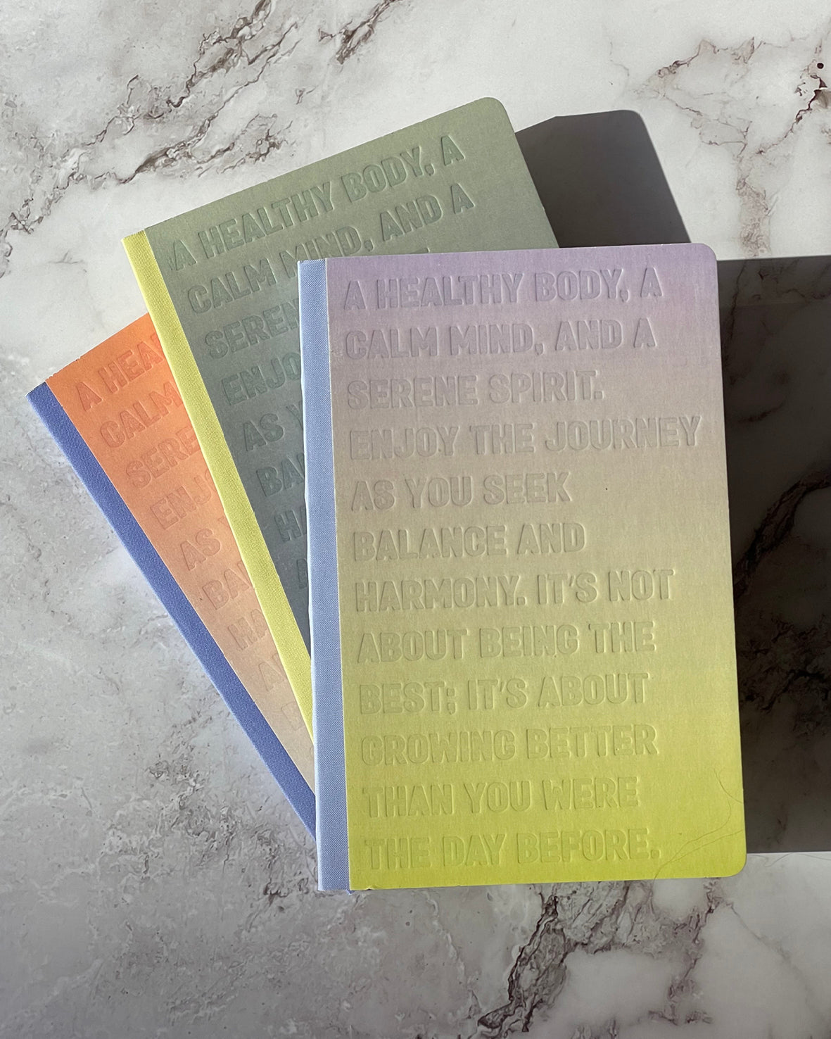 Three hardcover notebooks with embossed motivational quotes are arranged diagonally on a light gray marble surface. The notebooks feature pastel gradient covers transitioning from green to yellow and pink, with blue, orange, and purple spines visible.
