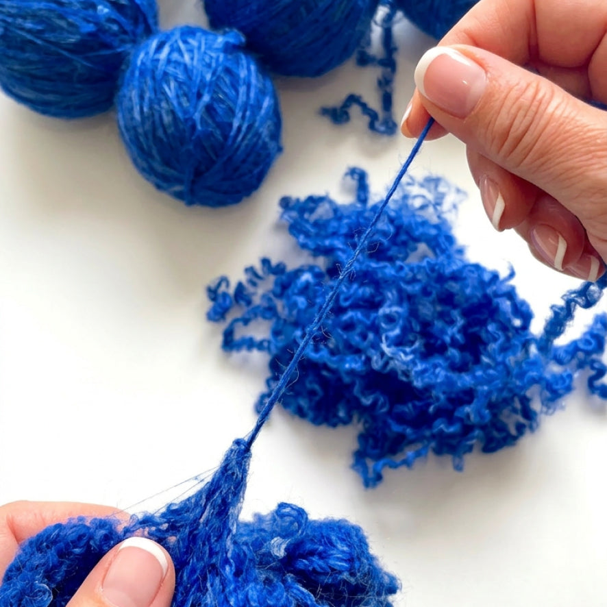 Close-up of hands pulling and stretching bright blue curly yarn thread, with several balls of the same blue yarn visible on a white background.