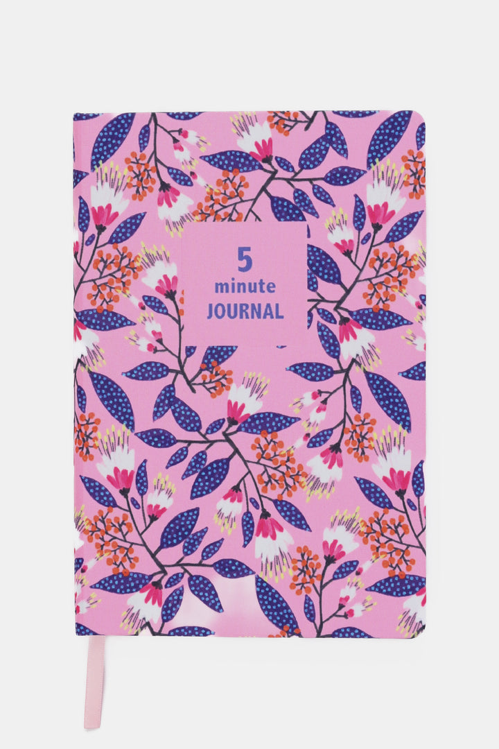 a5 five minute journal with pink floral fabric cover and matching satin ribbon
