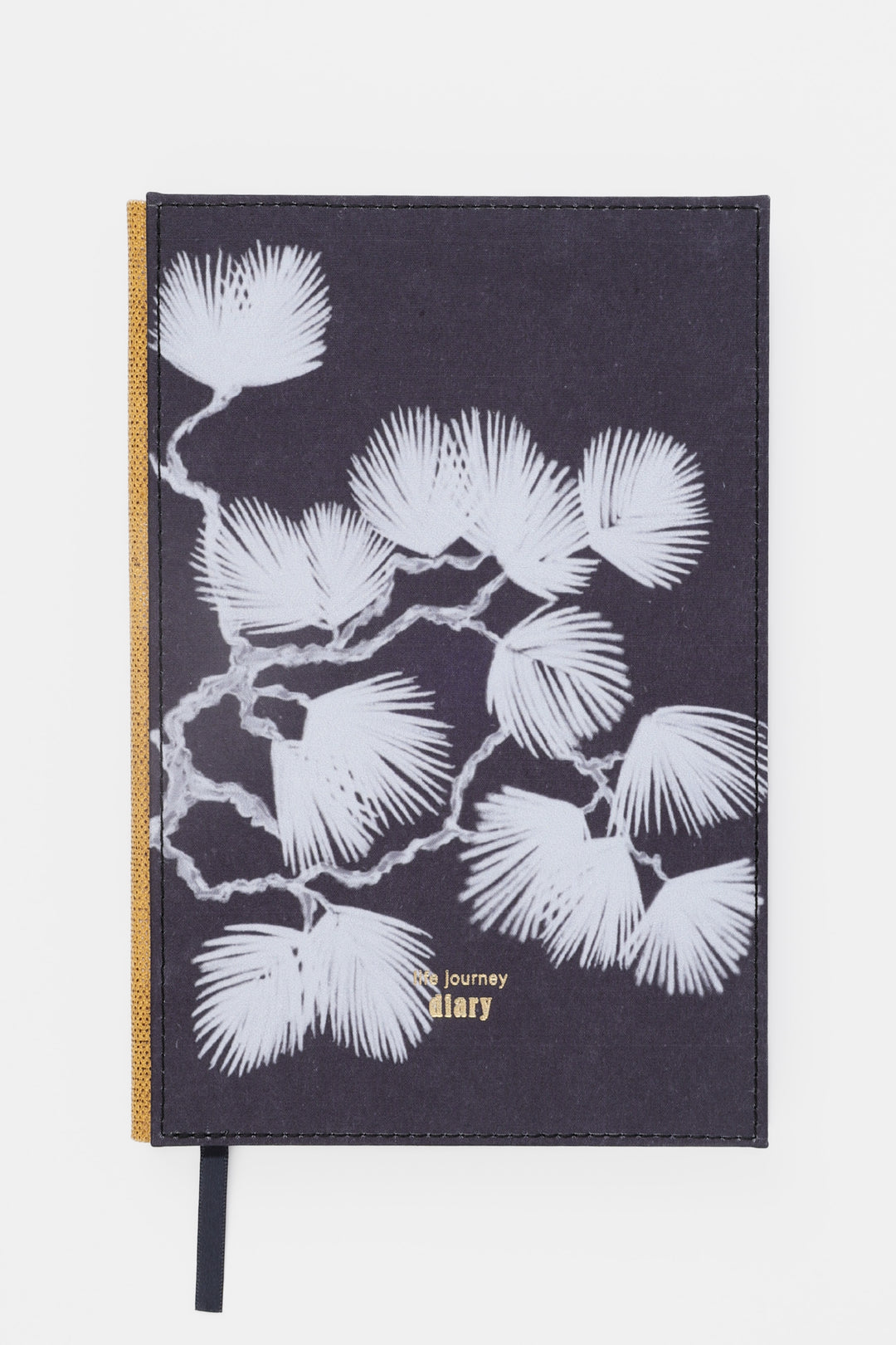 A5 diary with dark fabric cover featuring white botanical illustration front view with ribbon bookmark