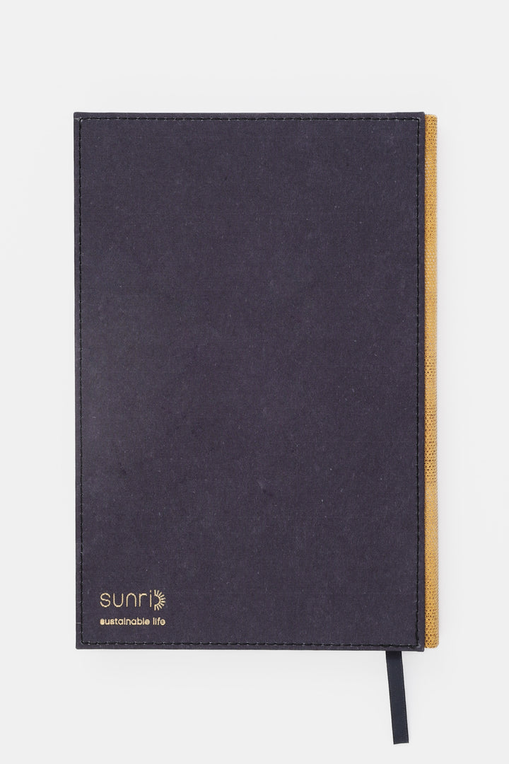 Back view of A5 diary with dark fabric cover gold speckled spine and ribbon bookmark
