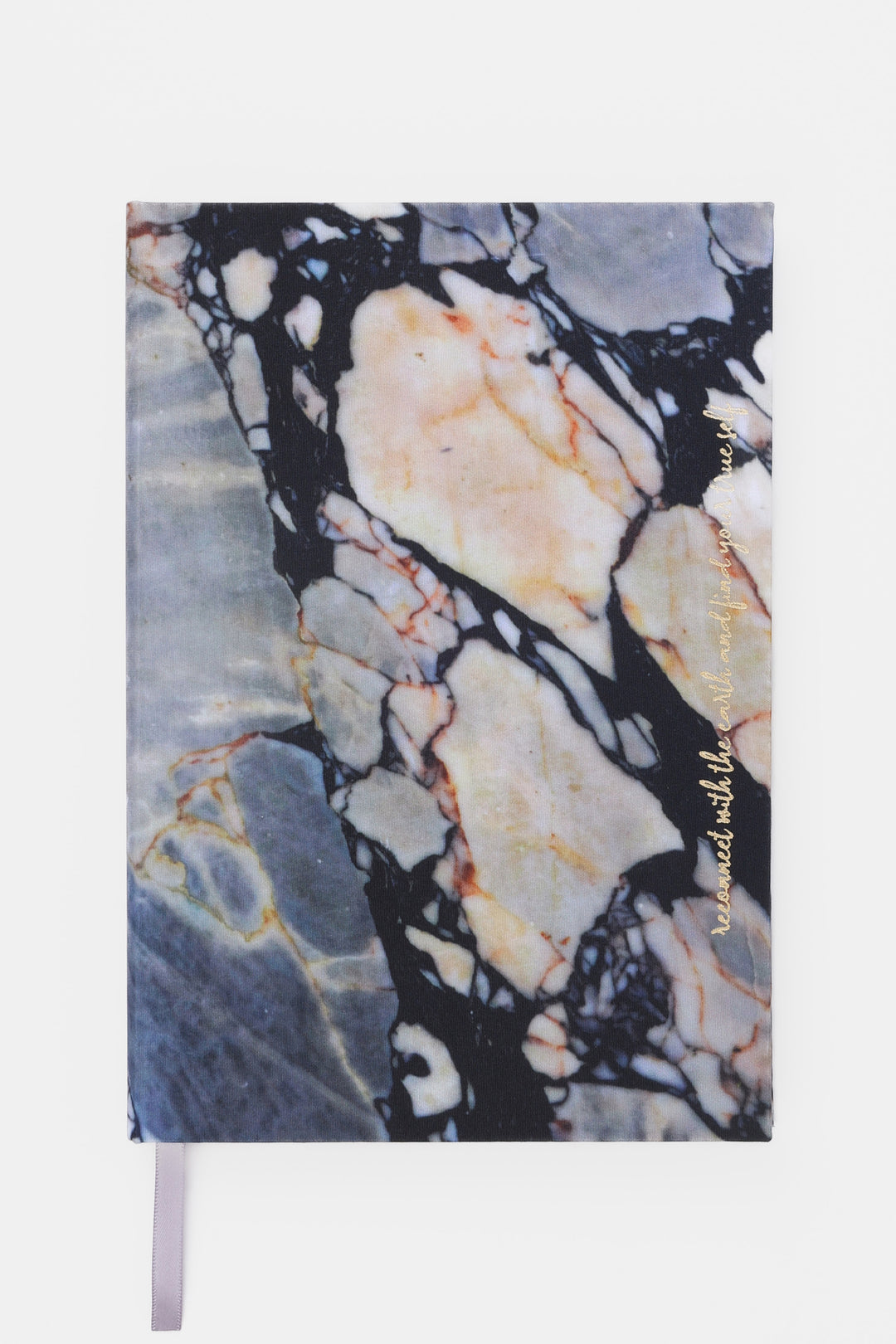 A5 diary with fabric cover featuring natural stone print, closed front view with ribbon bookmark
