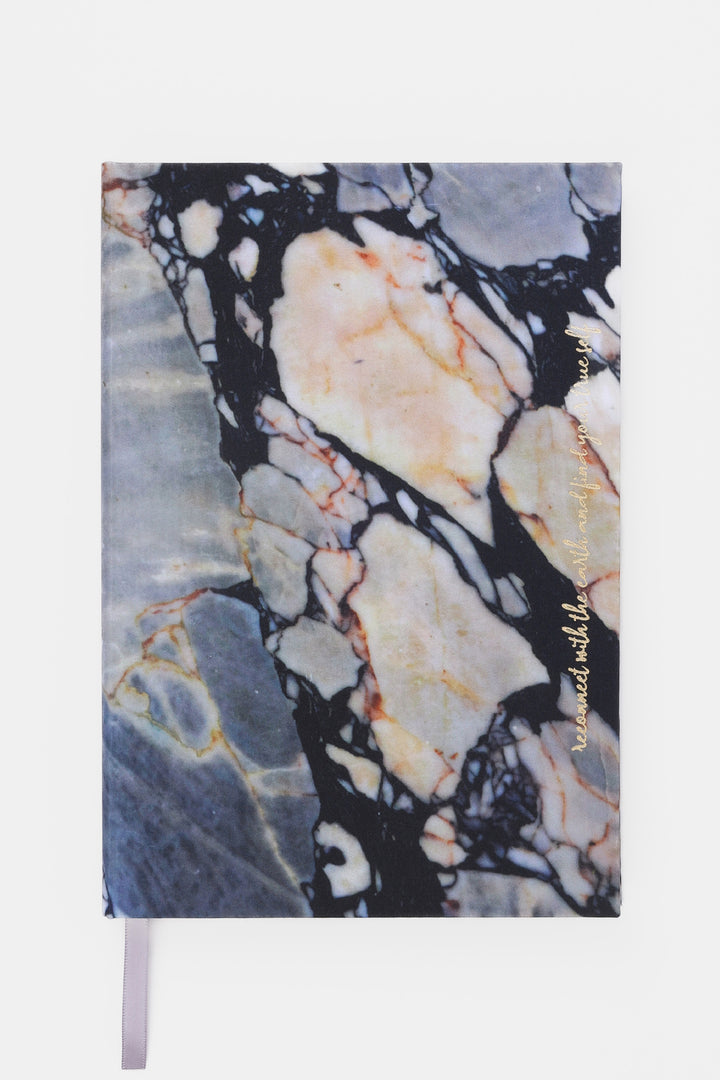 A5 diary with fabric cover featuring natural stone print, closed front view with ribbon bookmark
