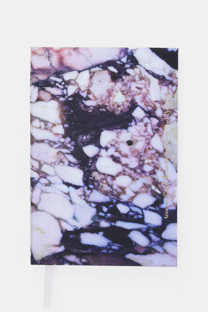 A5 diary with fabric cover featuring natural stone print, closed front view with ribbon bookmark