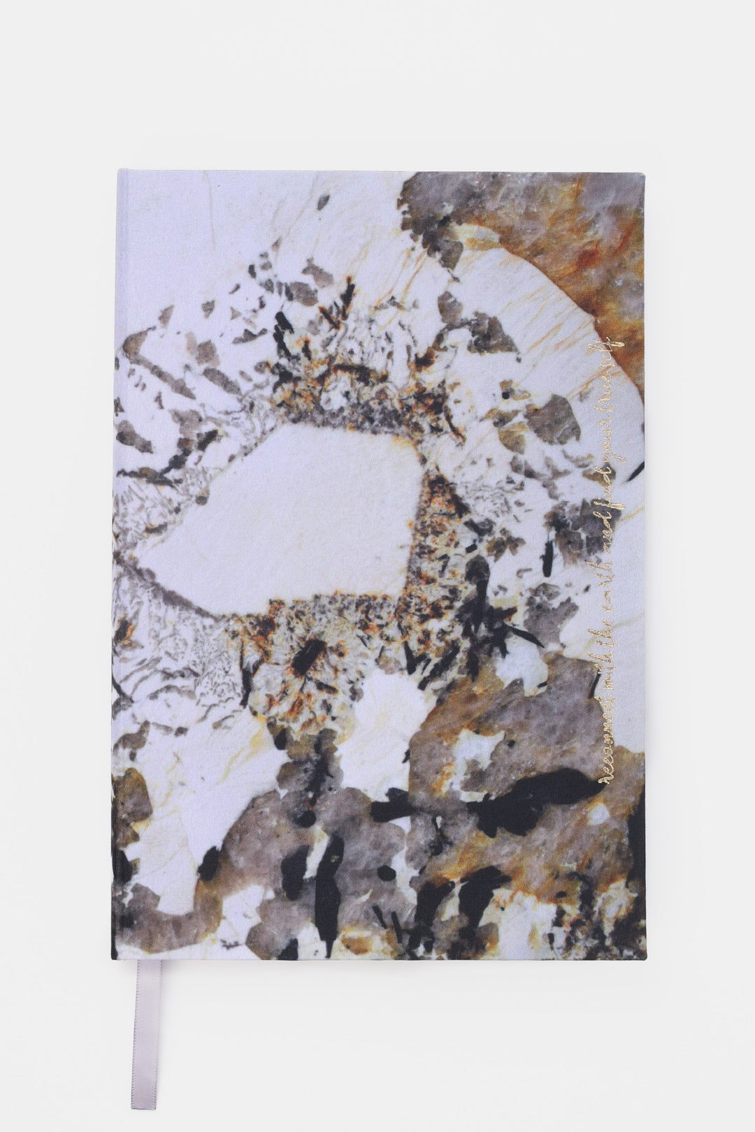 A5 diary with natural stone print cover closed front view with ribbon bookmark