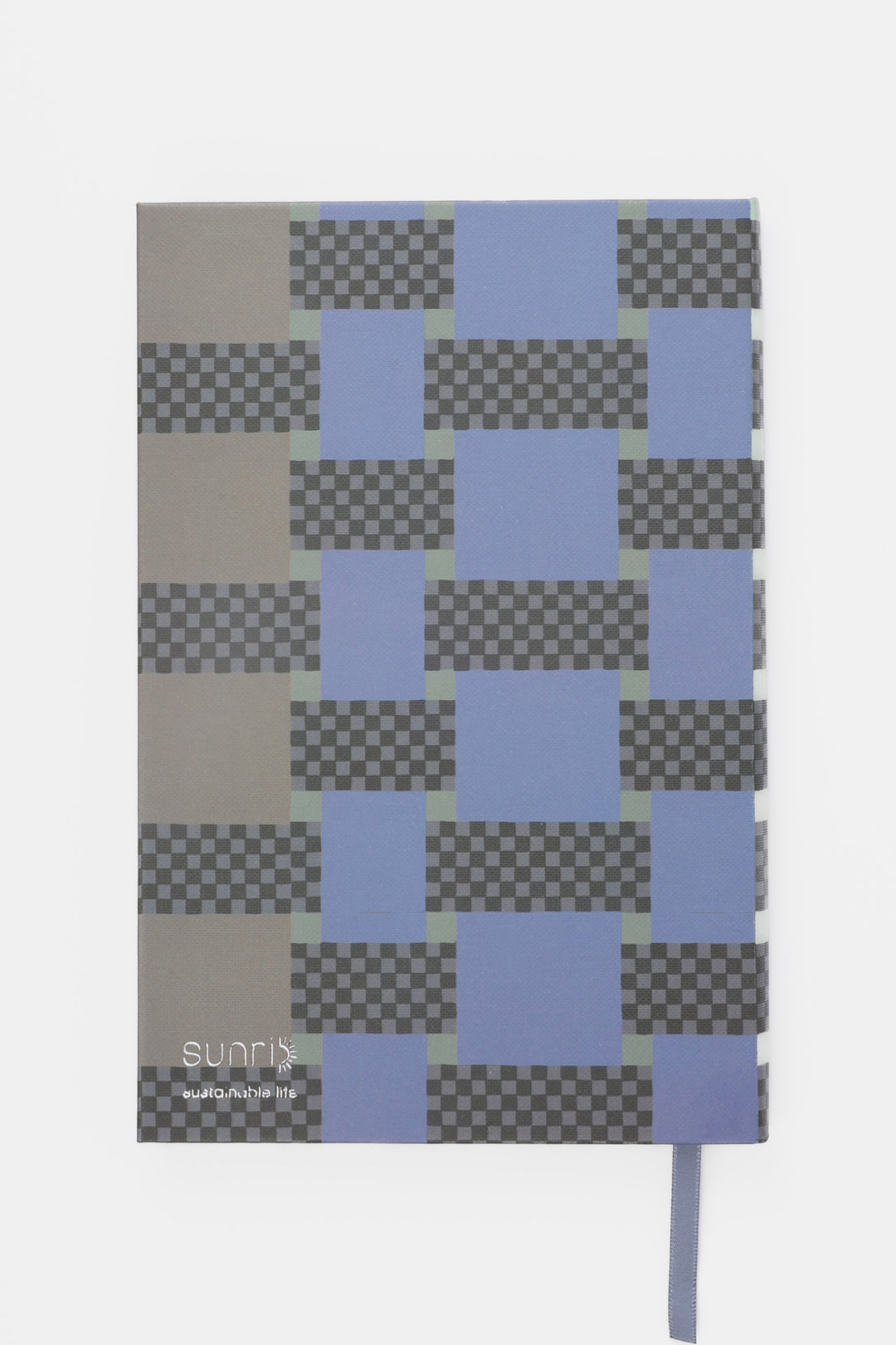 Back view of A5 journal with blue and grey geometric cover and ribbon bookmark