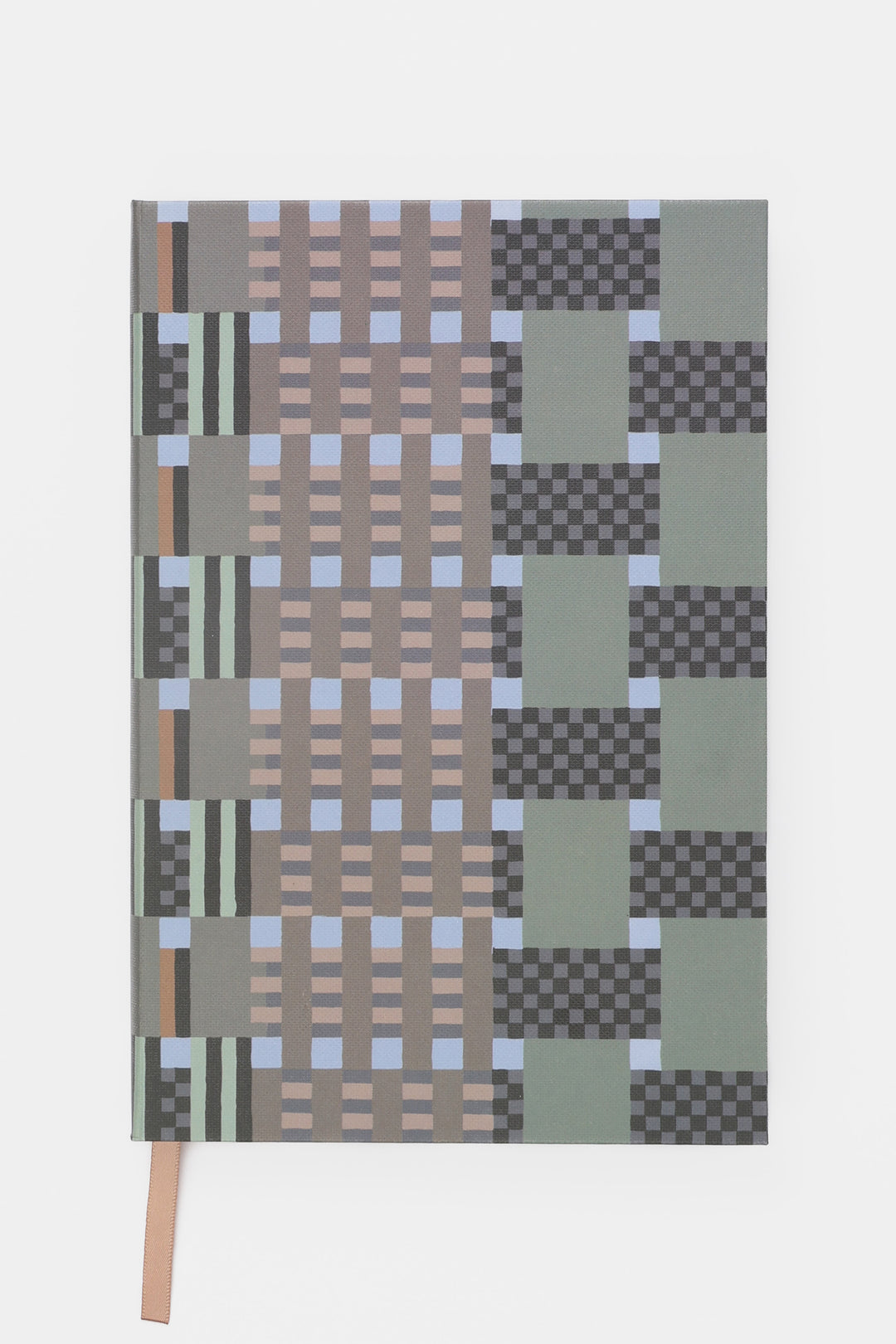 A5 journal with green and grey geometric paper cover closed front view with ribbon bookmark