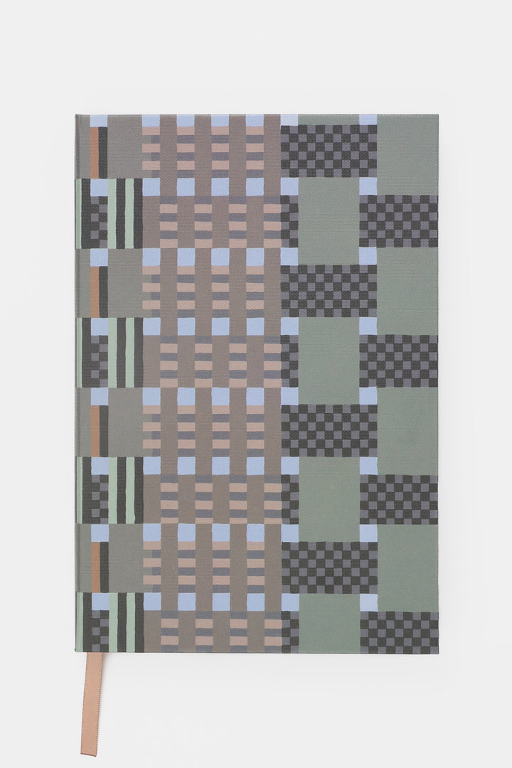 A5 journal with green and grey geometric paper cover closed front view with ribbon bookmark