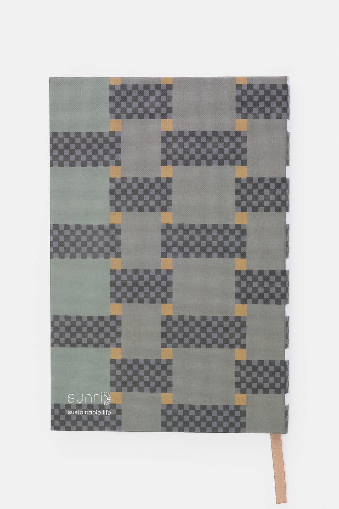 Back view of A5 journal with green and grey geometric paper cover and ribbon bookmark