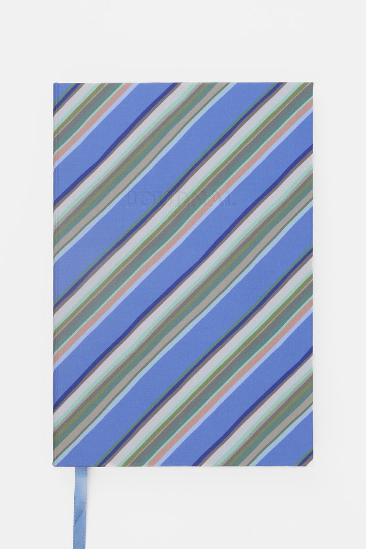 Notebook with blue and green striped cover on a white background
