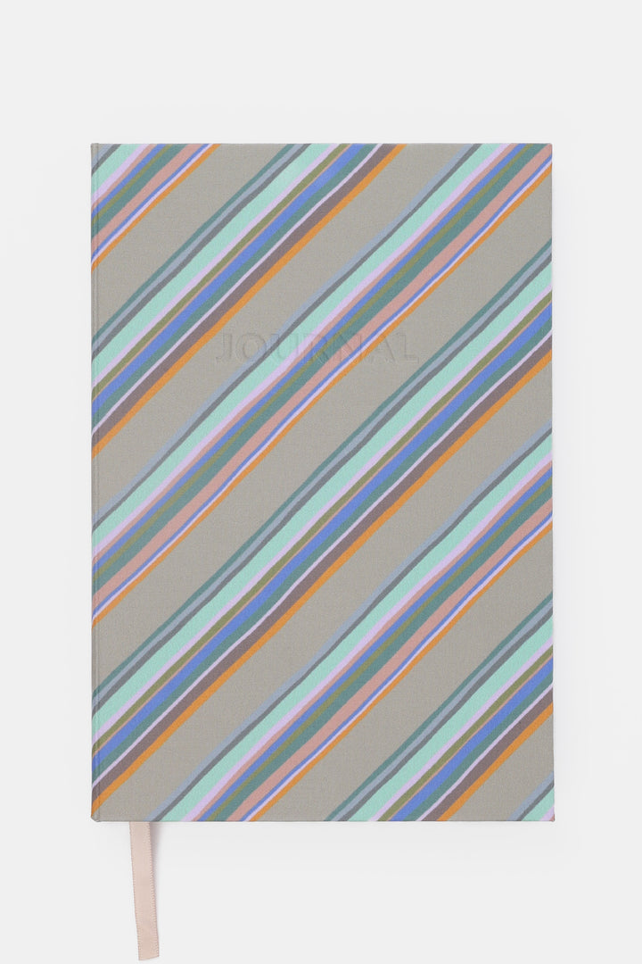front view of a5 journal with grey diagonal stripe pattern
