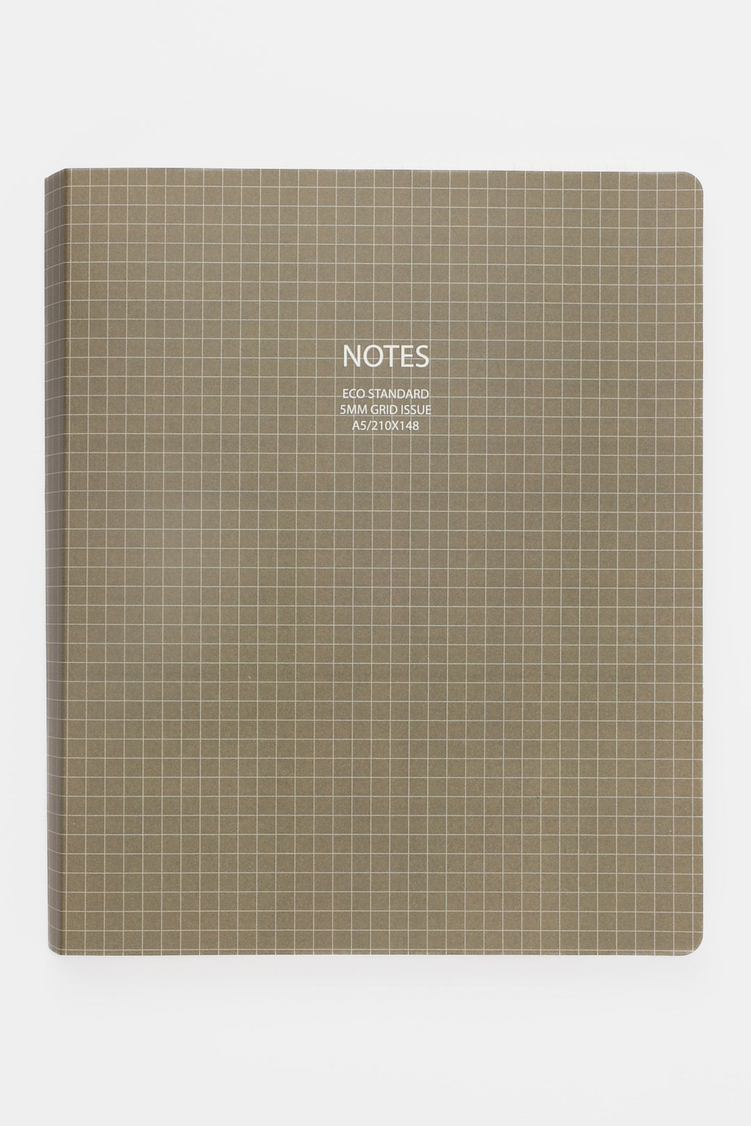 Front view of a grey A5 notebook with a 5mm grid cover and white grid lines
