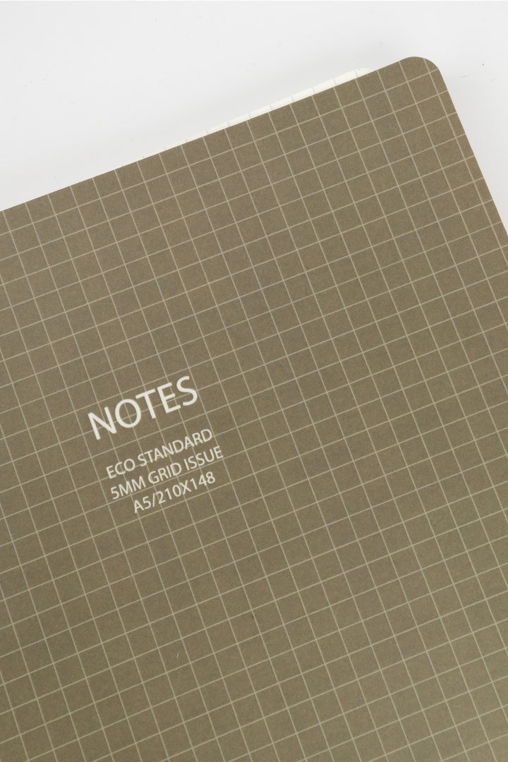 Close-up of an A5 notebook cover in grey with a 5mm grid pattern and the text NOTES Eco Standard 5mm Grid Issue A5/210x148
