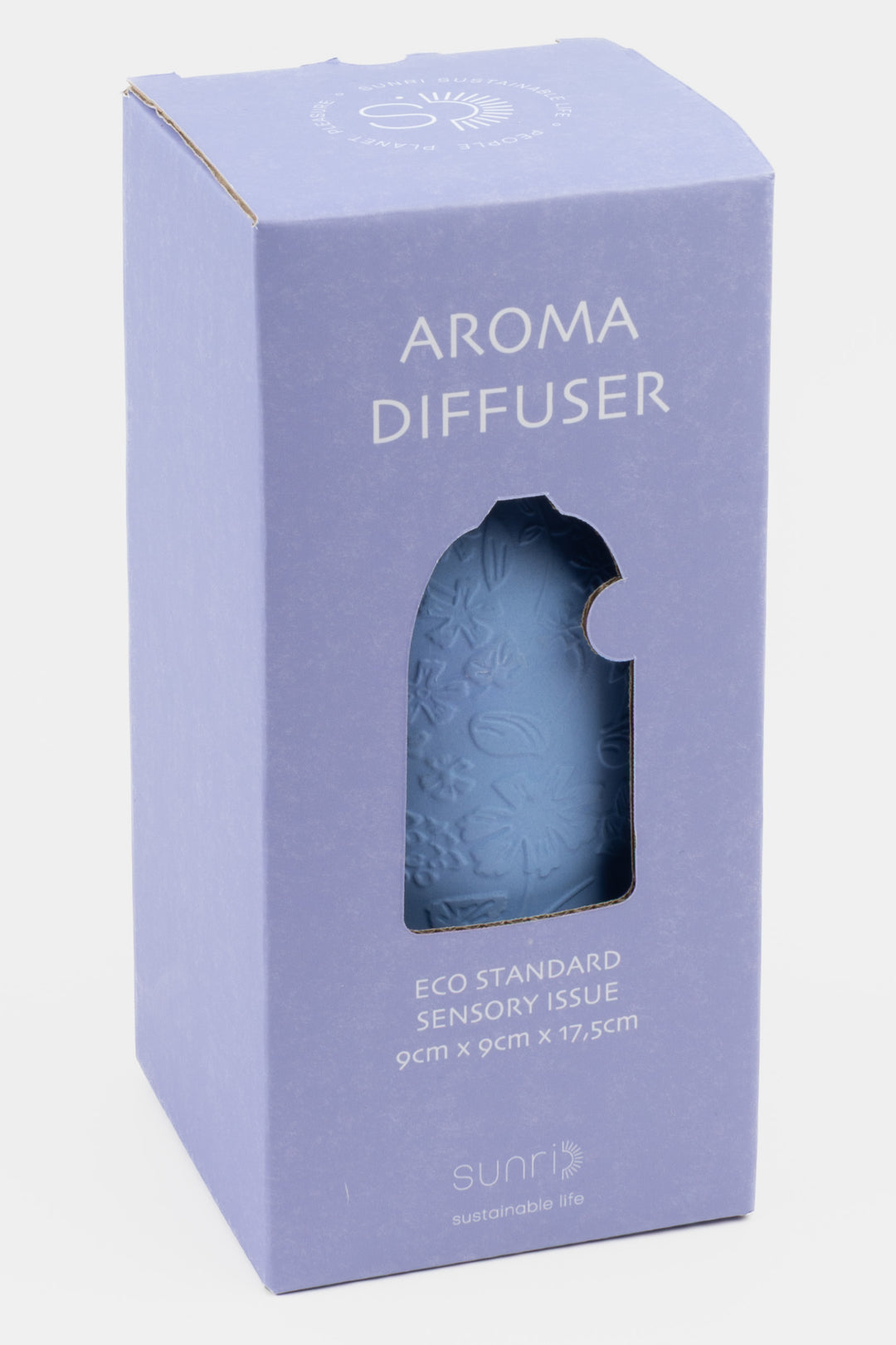 Aroma diffuser packaging with a purple box on a white background