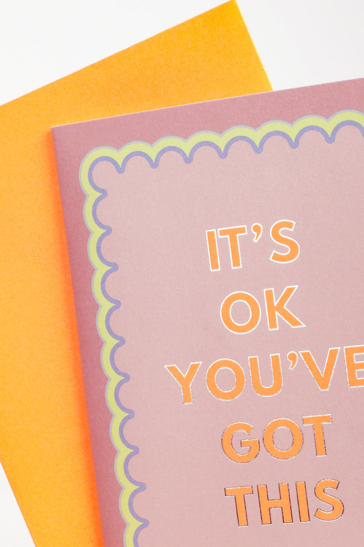 Card with 'It's OK You've Got This' text on a pink background with a yellow enveloppe