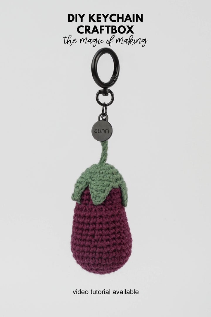 Crocheted keychain shaped like an eggplant on a white background with text about DIY keychain craftbox.