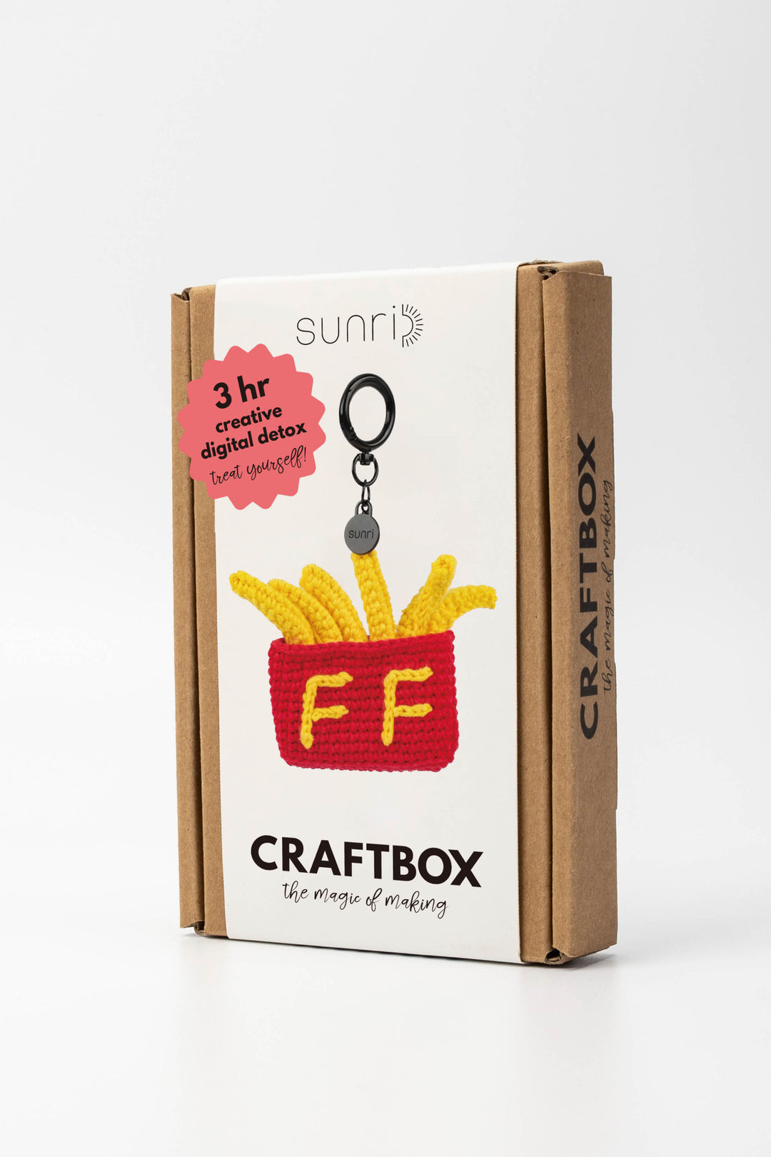 Craft box packaging with branding and product details on a white background