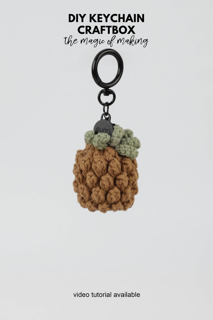 Crocheted pineapple keychain on a white background with text about DIY keychain craftbox.