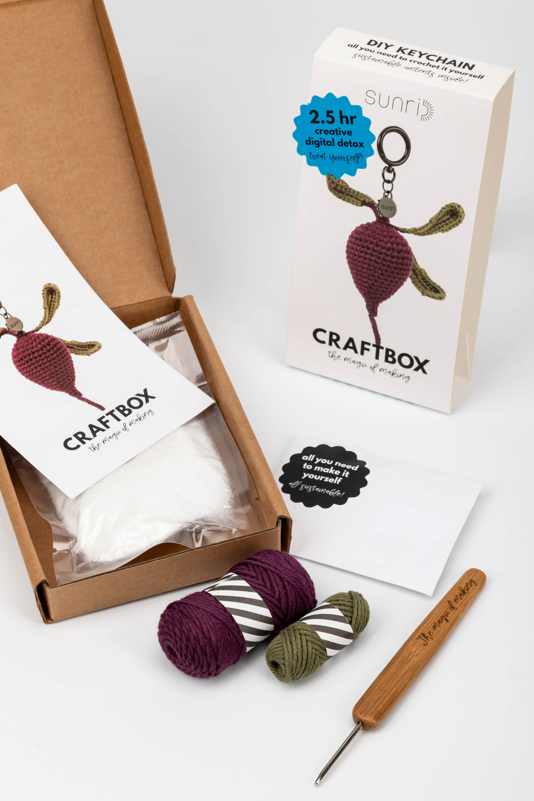 Craftbox with yarn and crochet hook on a white background