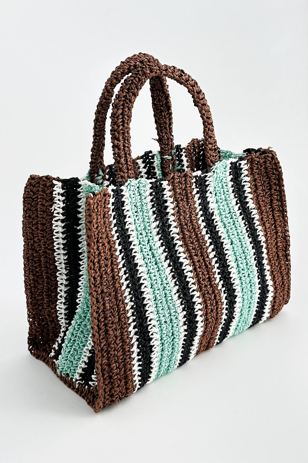 Striped multi coloured crochet shopper