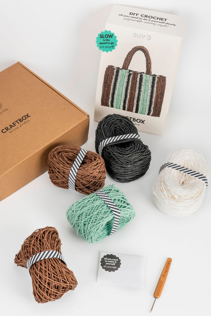 Craft materials including yarn and a crochet hook on a white background