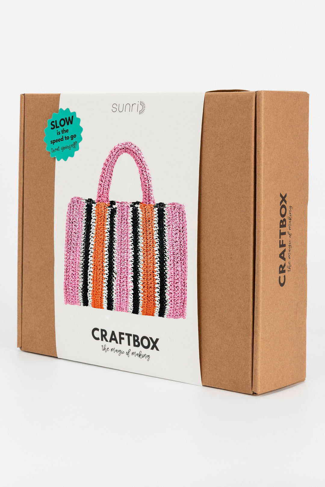 Craft box packaging with a colorful handle design on a white background