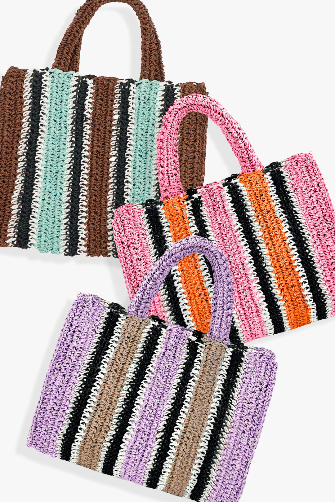 Set of three striped handbags in brown, pink, and purple on a white background