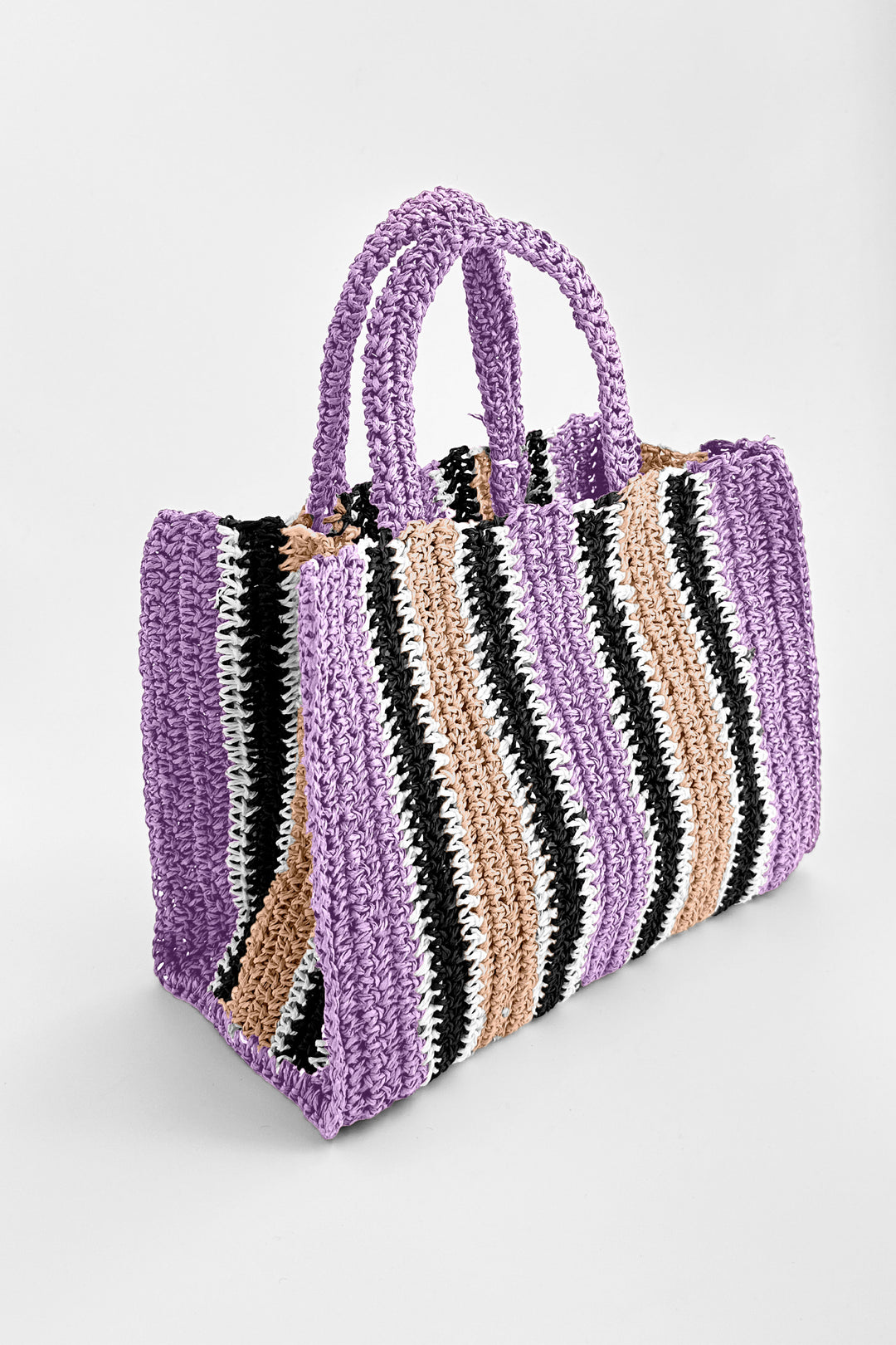 Striped handbag with purple handle and body on a white background
