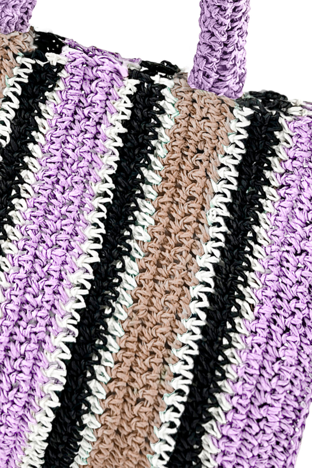 Close-up of a textured fabric with black, beige, and purple stripes.
