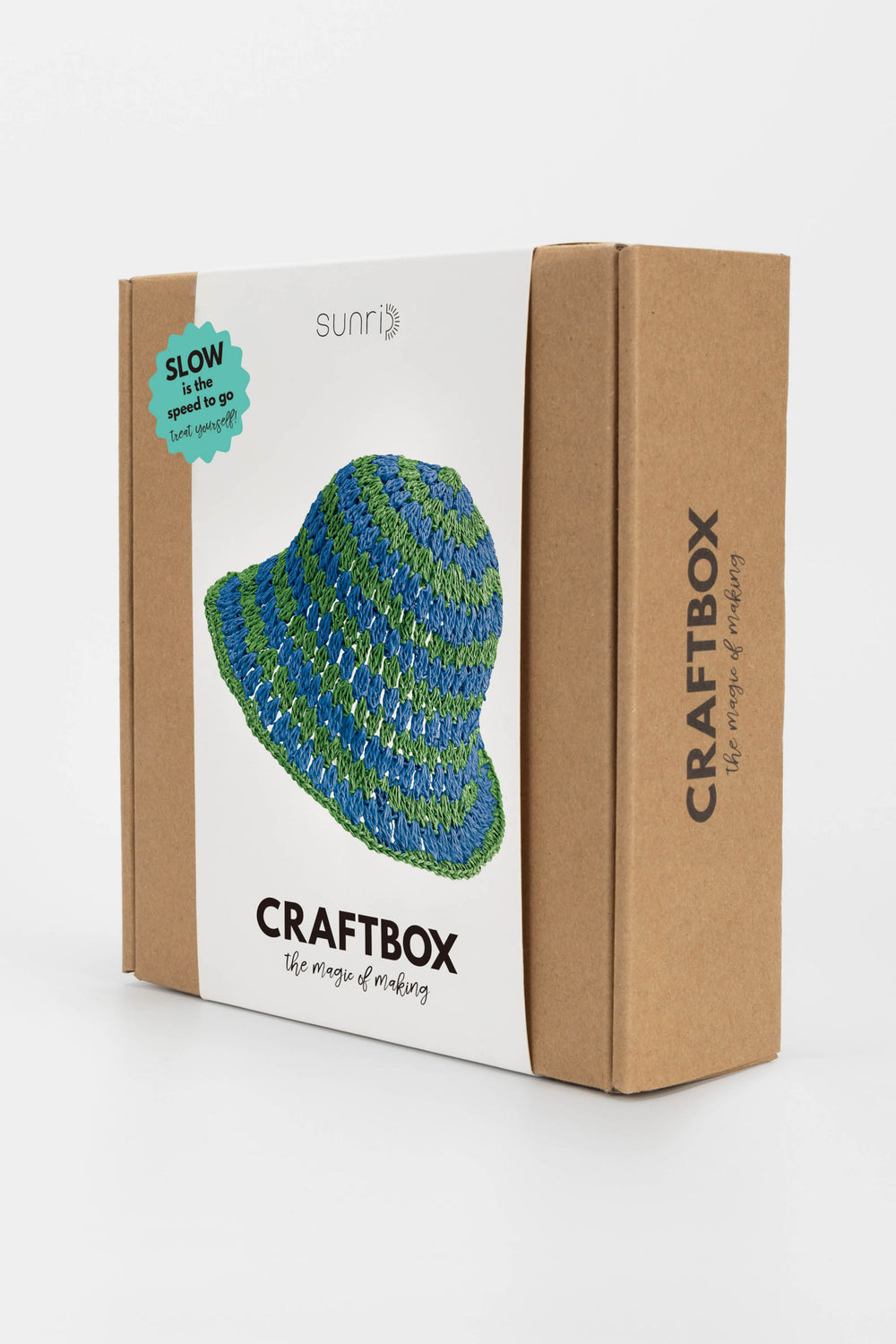 CraftBox packaging with a blue and green striped hat design on a white background