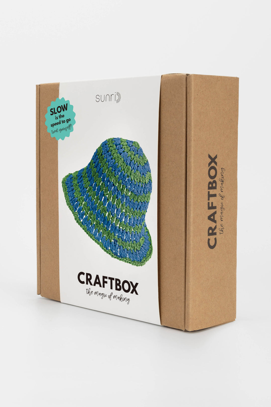 CraftBox packaging with a blue and green striped hat design on a white background